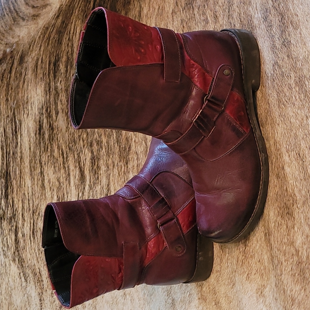 Women's Burgundy Leather Ankle Booties - Casual Strap Detail